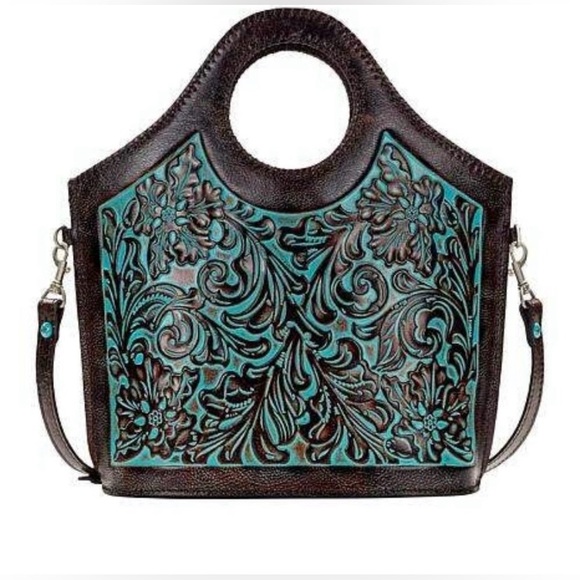 PATRICIA NASH, Tooled Leather Moreto, Turquoise Tote Crossbody Santa Fe Handbag - Picture 1 of 7